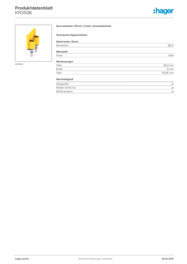Bild Hager Produktdatenblatt KR350B | Hager Deutschland