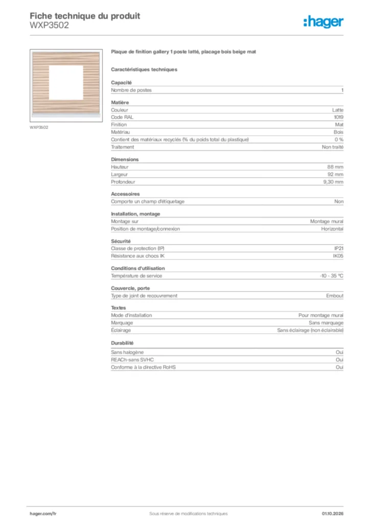 Image Hager Fiche technique du produit WXP3502 | Hager France
