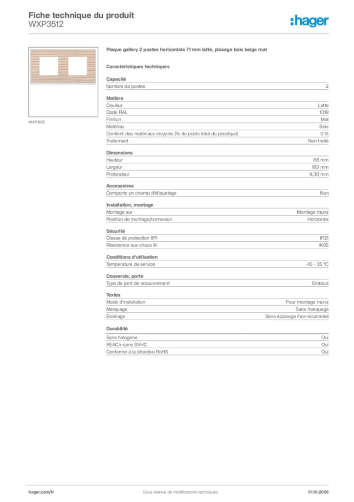 Image Hager Fiche technique du produit WXP3512 | Hager France
