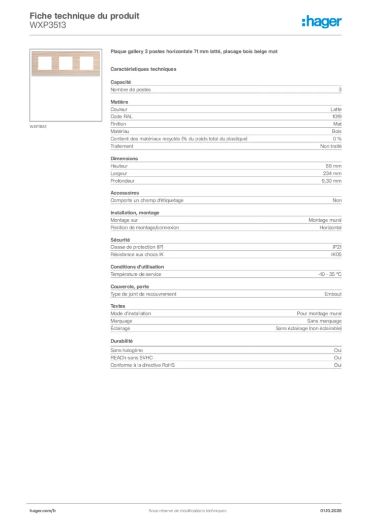 Image Hager Fiche technique du produit WXP3513 | Hager France
