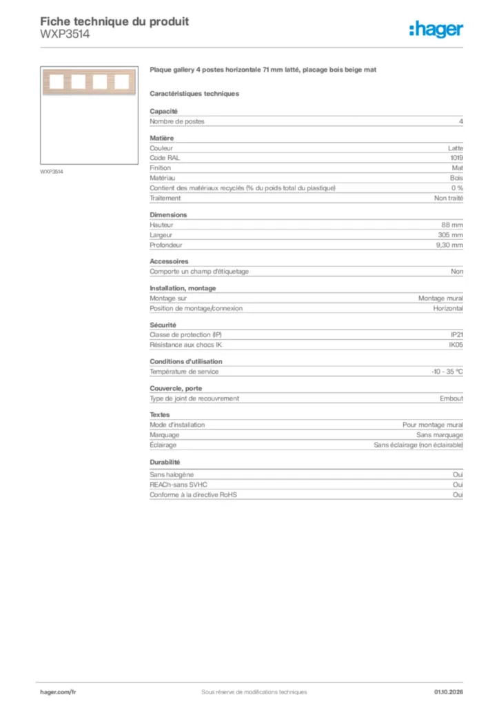 Image Hager Fiche technique du produit WXP3514 | Hager France