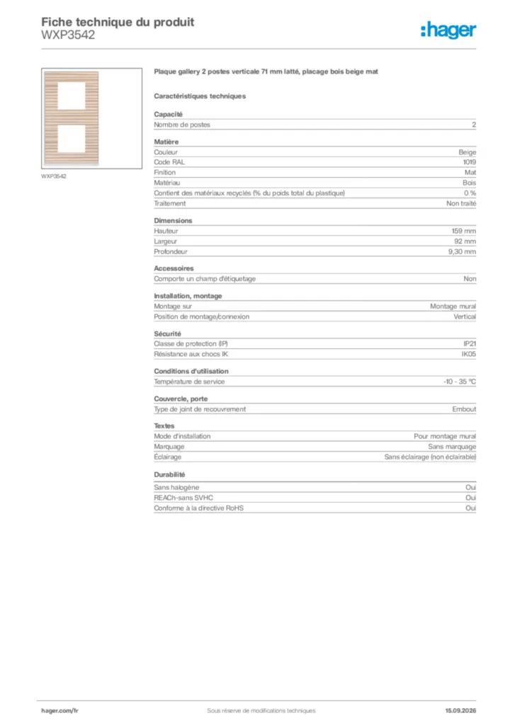 Image Hager Fiche technique du produit WXP3542 | Hager France