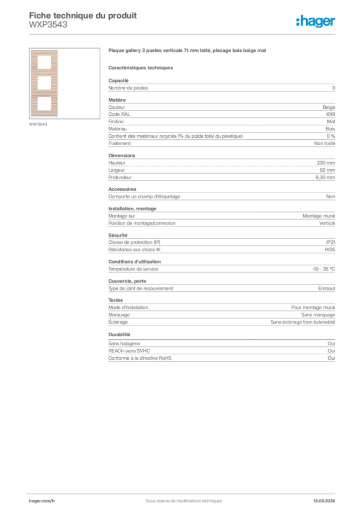 Image Hager Fiche technique du produit WXP3543 | Hager France