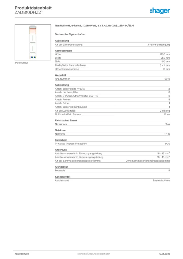 Bild Hager Produktdatenblatt ZAD810DHZ2T | Hager Deutschland