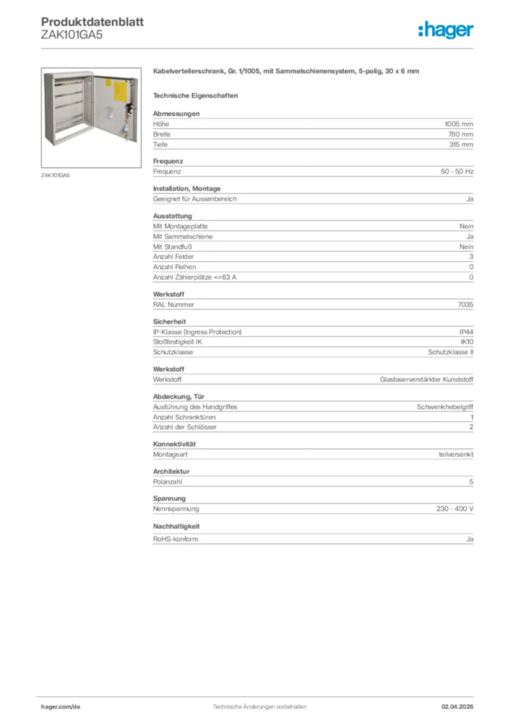 Bild Hager Produktdatenblatt ZAK101GA5 | Hager Deutschland