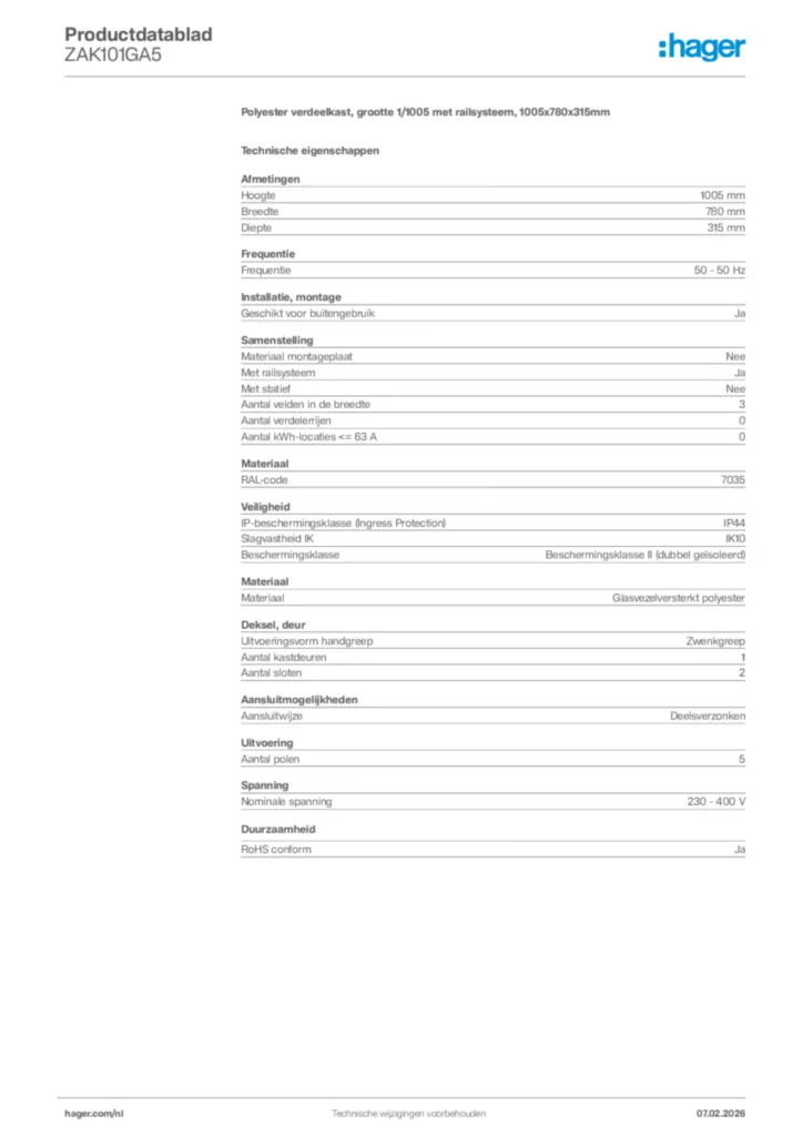 Afbeelding Hager Productdatablad ZAK101GA5 | Hager Nederland