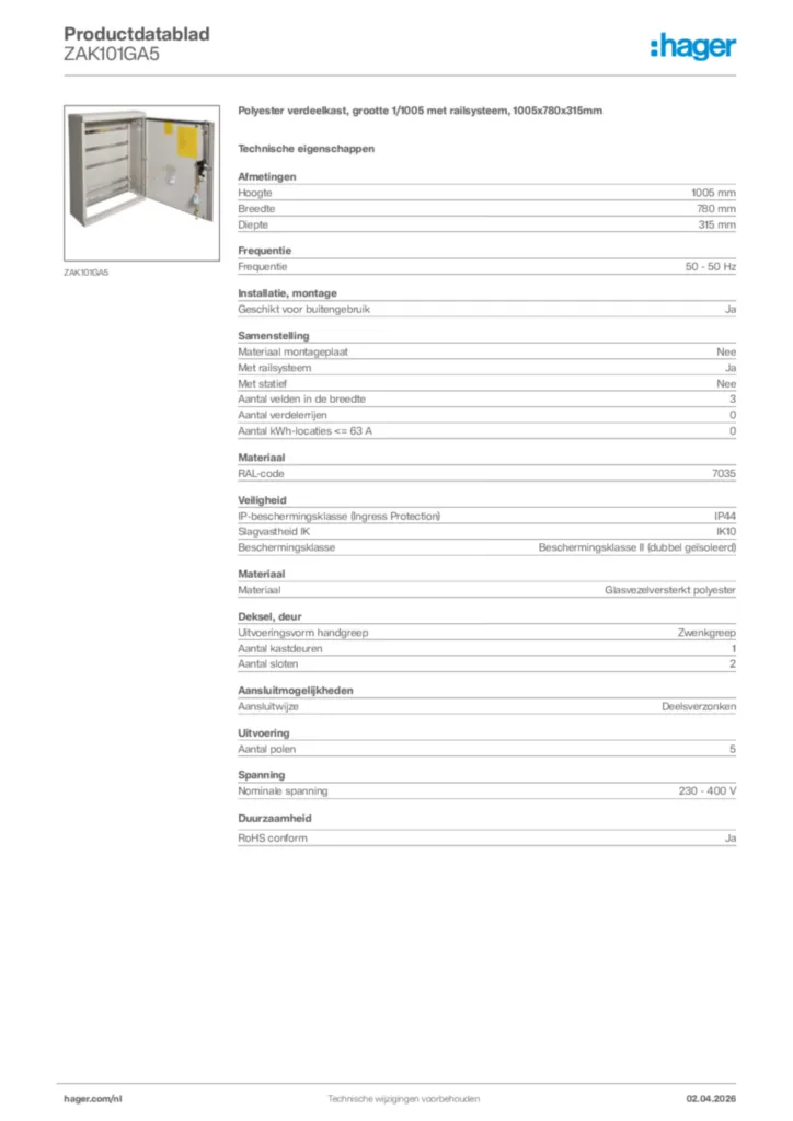 Afbeelding Hager Productdatablad ZAK101GA5 | Hager Nederland