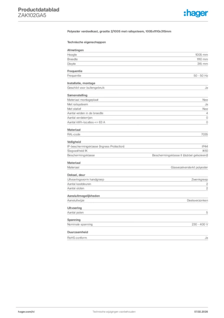 Afbeelding Hager Productdatablad ZAK102GA5 | Hager Nederland