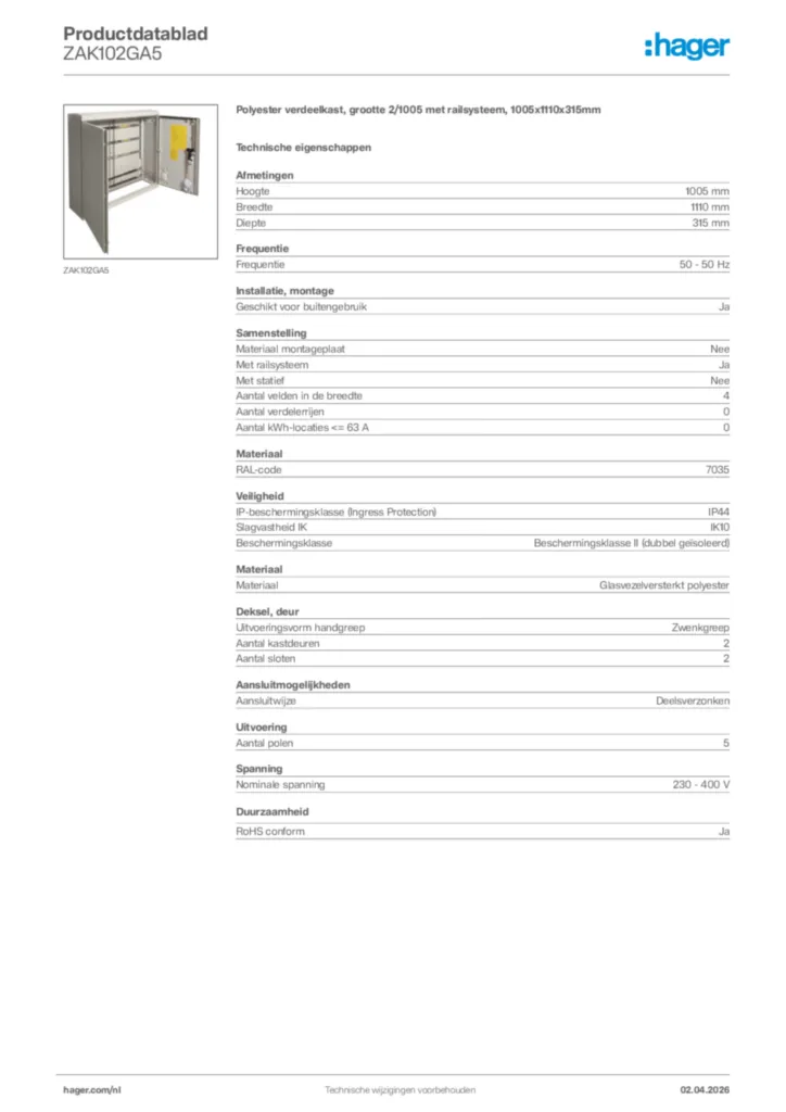 Afbeelding Hager Productdatablad ZAK102GA5 | Hager Nederland