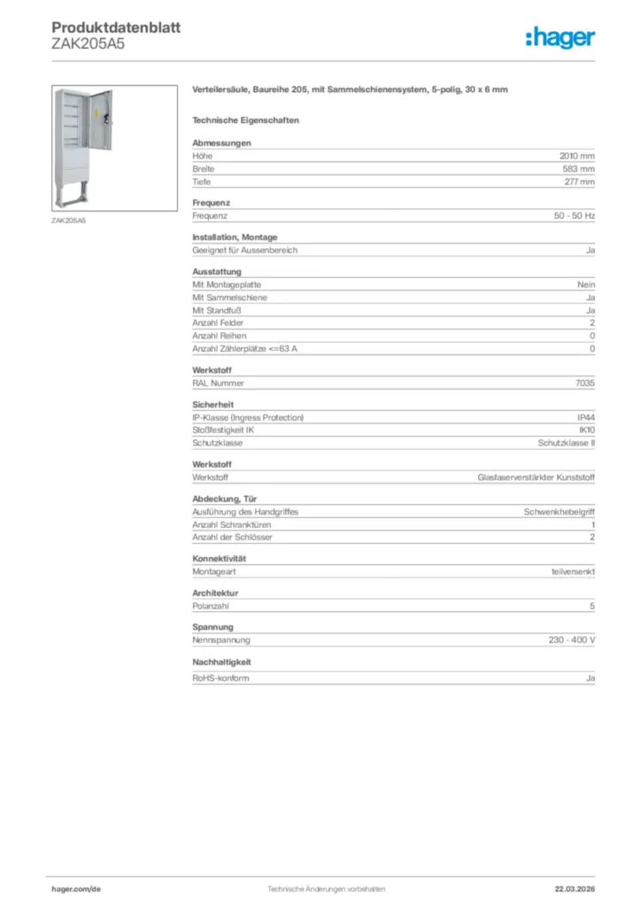 Bild Hager Produktdatenblatt ZAK205A5 | Hager Deutschland