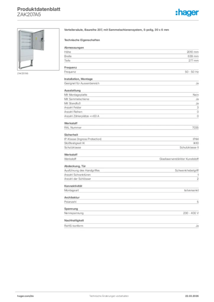 Bild Hager Produktdatenblatt ZAK207A5 | Hager Deutschland