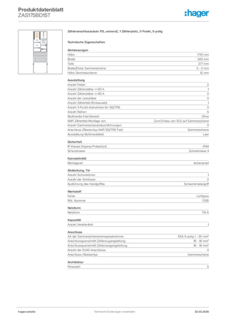 Bild Hager Produktdatenblatt ZAS175BD15T | Hager Deutschland