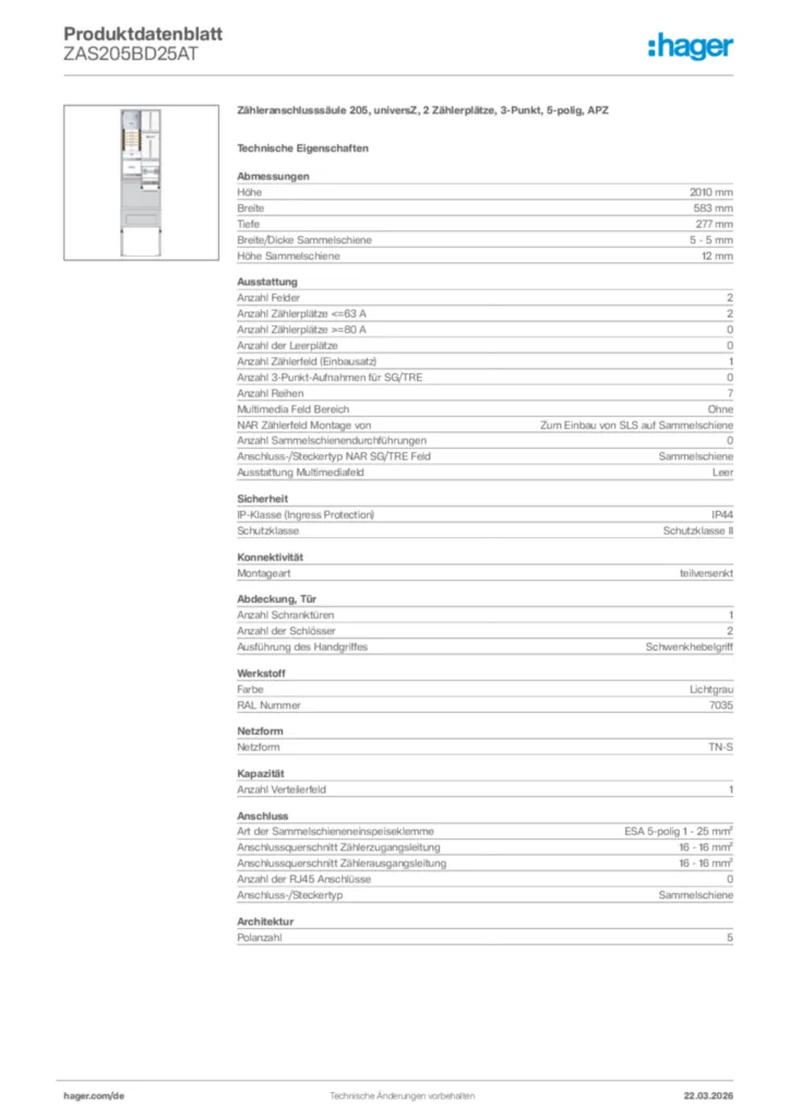 Bild Hager Produktdatenblatt ZAS205BD25AT | Hager Deutschland