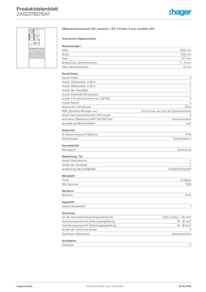 Bild Hager Produktdatenblatt ZAS207BD15AT | Hager Deutschland