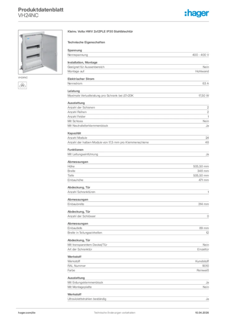 Bild Hager Produktdatenblatt VH24NC | Hager Deutschland