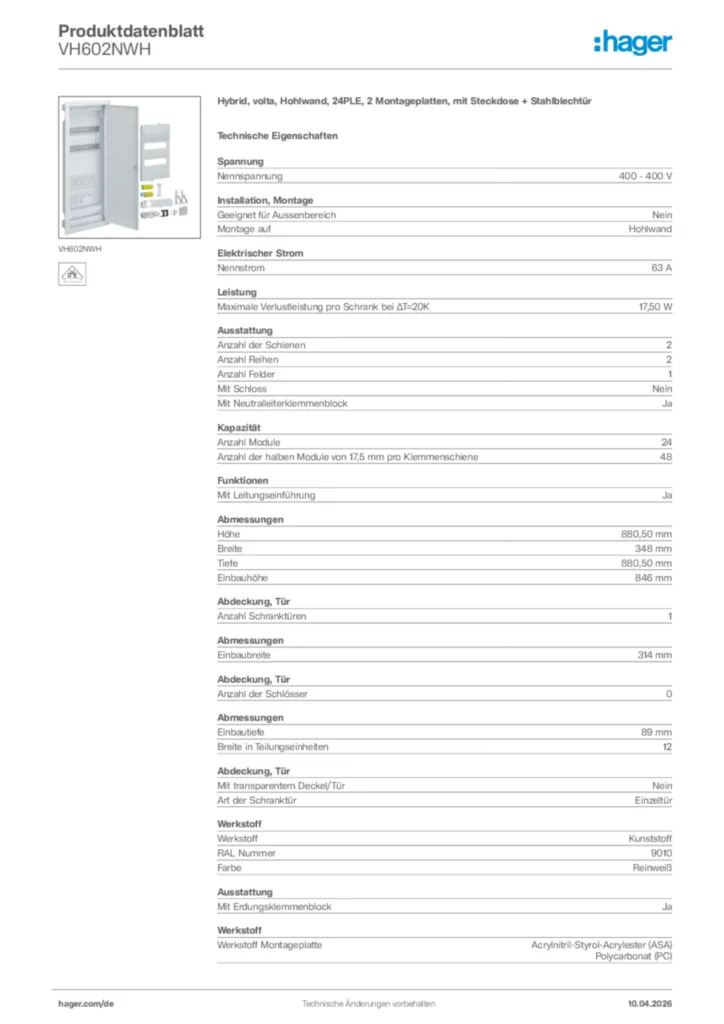 Bild Hager Produktdatenblatt VH602NWH | Hager Deutschland
