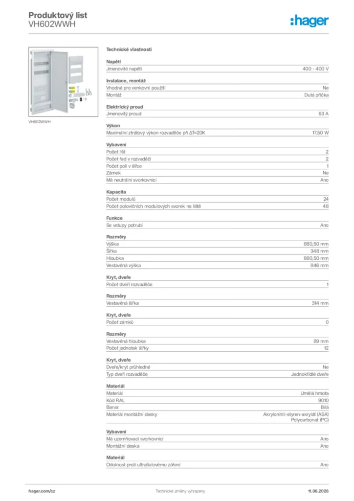 Obrázek Hager Product data sheet VH602WWH | Hager