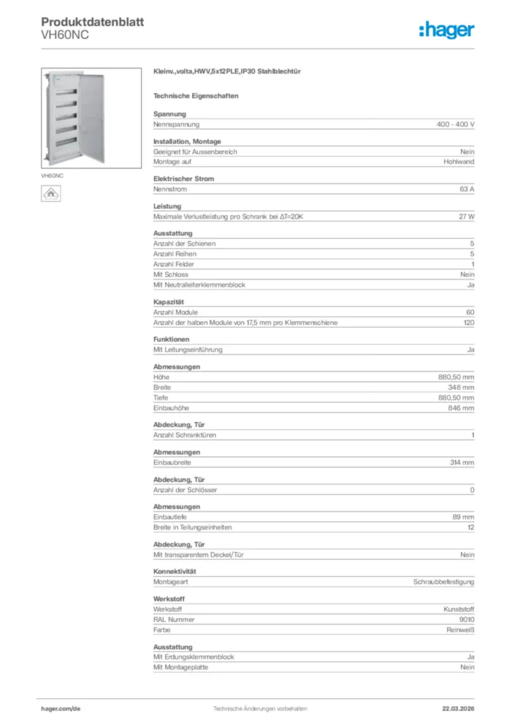 Bild Hager Produktdatenblatt VH60NC | Hager Deutschland