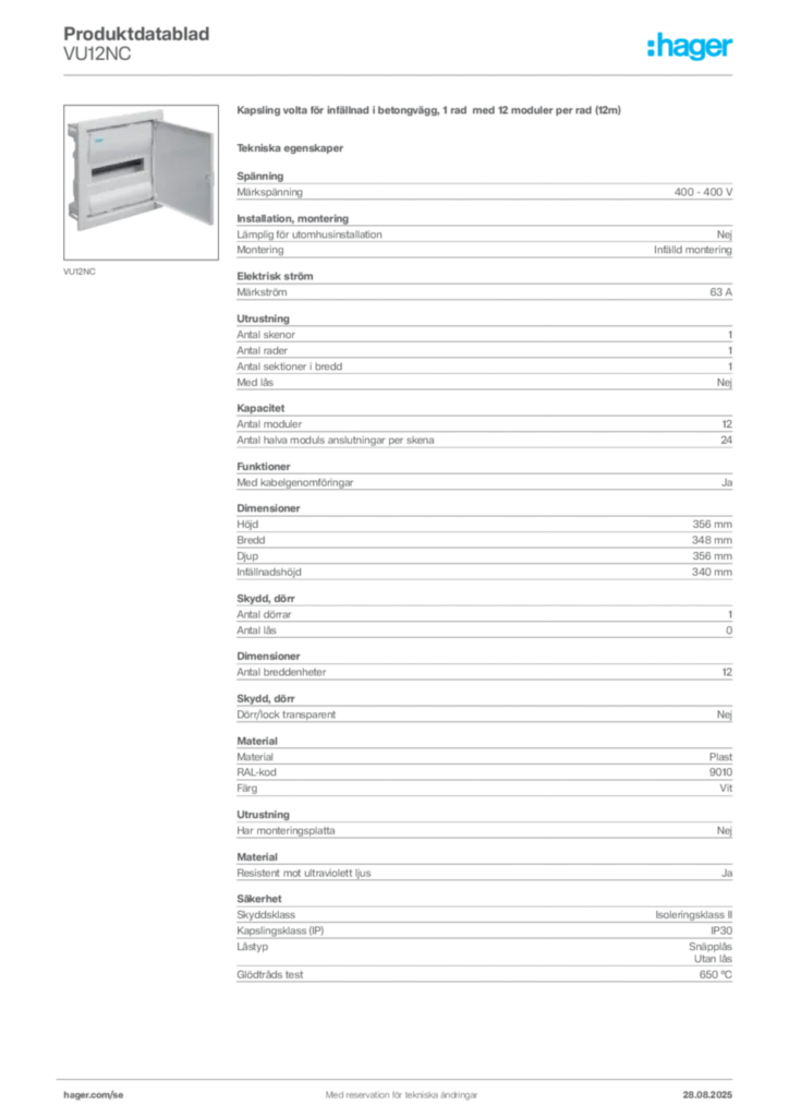 Bild Hager Product data sheet VU12NC | Hager Sverige