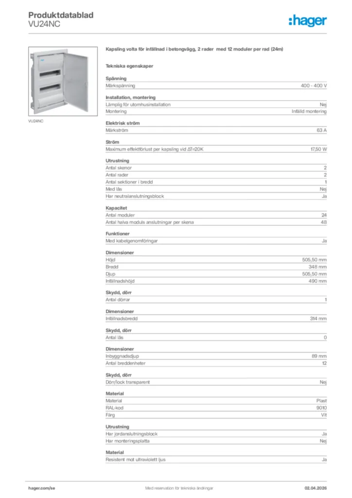 Bild Hager Produktdatablad VU24NC | Hager Sverige
