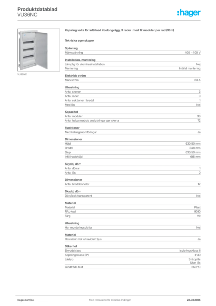 Bild Hager Product data sheet VU36NC | Hager Sverige