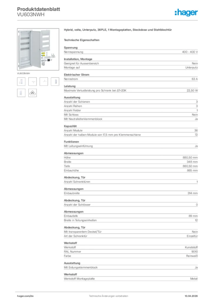 Bild Hager Produktdatenblatt VU603NWH | Hager Deutschland