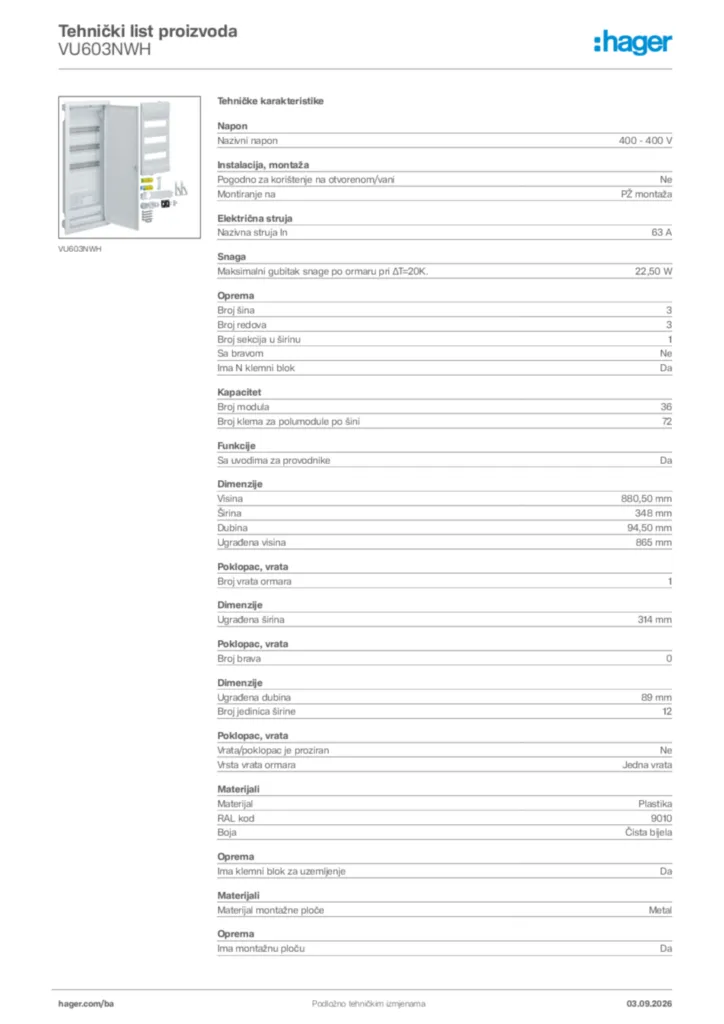 Slika Hager Tehnički list proizvoda VU603NWH  | Hager