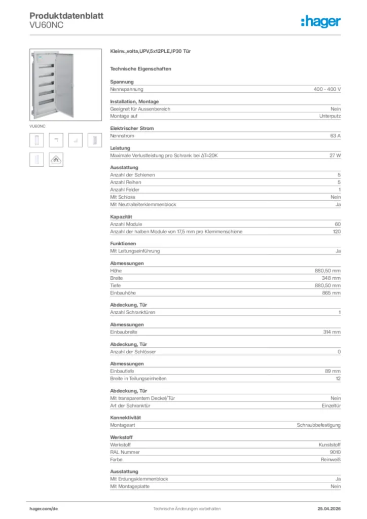 Bild Hager Produktdatenblatt VU60NC | Hager Deutschland