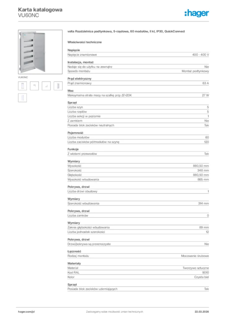 Zdjęcie Hager Karta katalogowa VU60NC | Hager Polska