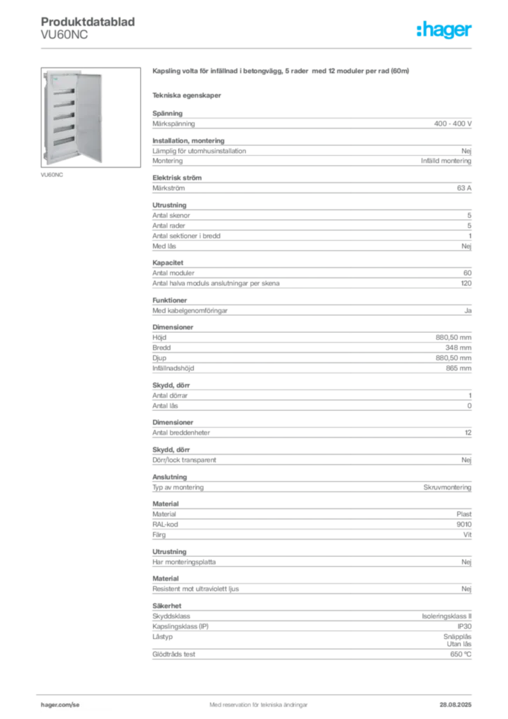 Bild Hager Product data sheet VU60NC | Hager Sverige