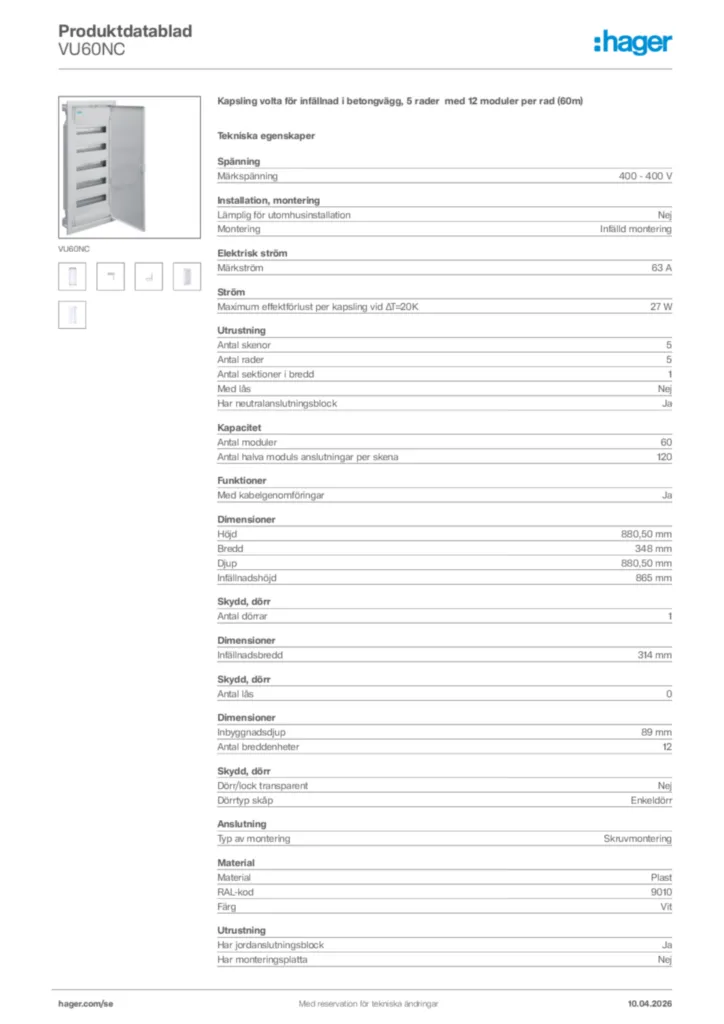 Bild Hager Produktdatablad VU60NC | Hager Sverige