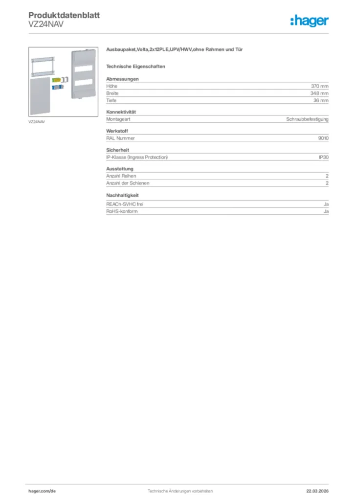 Bild Hager Produktdatenblatt VZ24NAV | Hager Deutschland