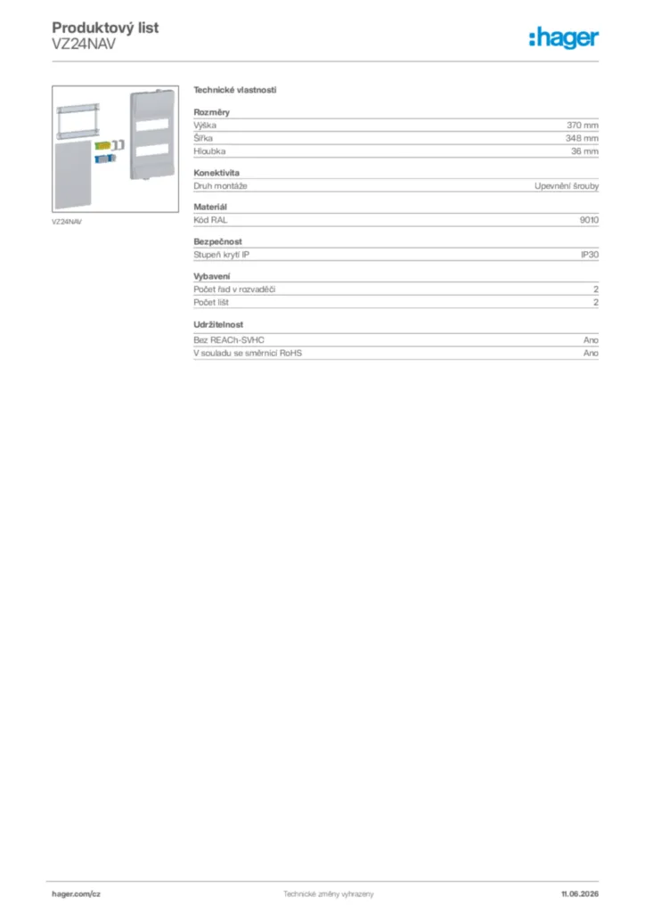 Obrázek Hager Product data sheet VZ24NAV | Hager