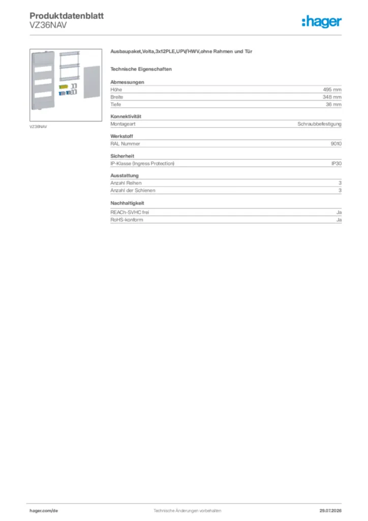 Bild Hager Produktdatenblatt VZ36NAV | Hager Deutschland