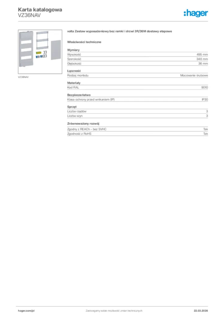 Zdjęcie Hager Karta katalogowa VZ36NAV | Hager Polska