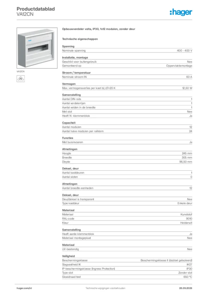 Afbeelding Hager Productdatablad VA12CN | Hager Nederland
