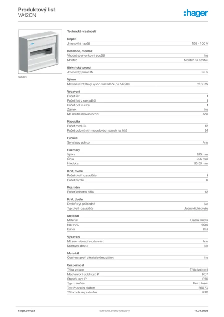 Obrázek Hager Generováno - Datový list produktu VA12CN | Hager
