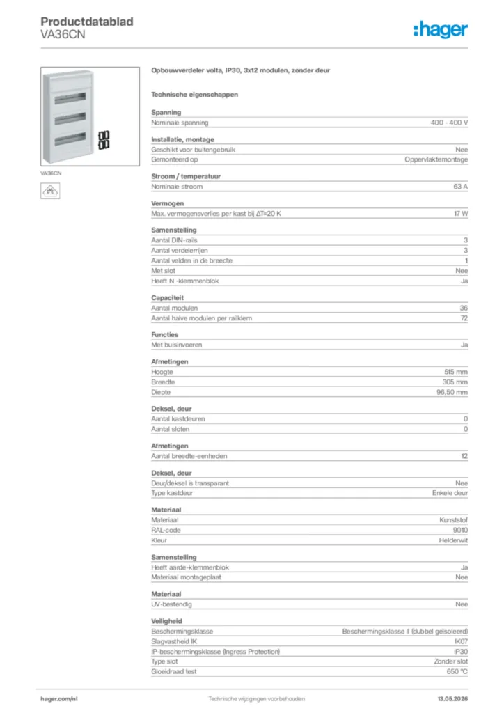 Afbeelding Hager Productdatablad VA36CN | Hager Nederland