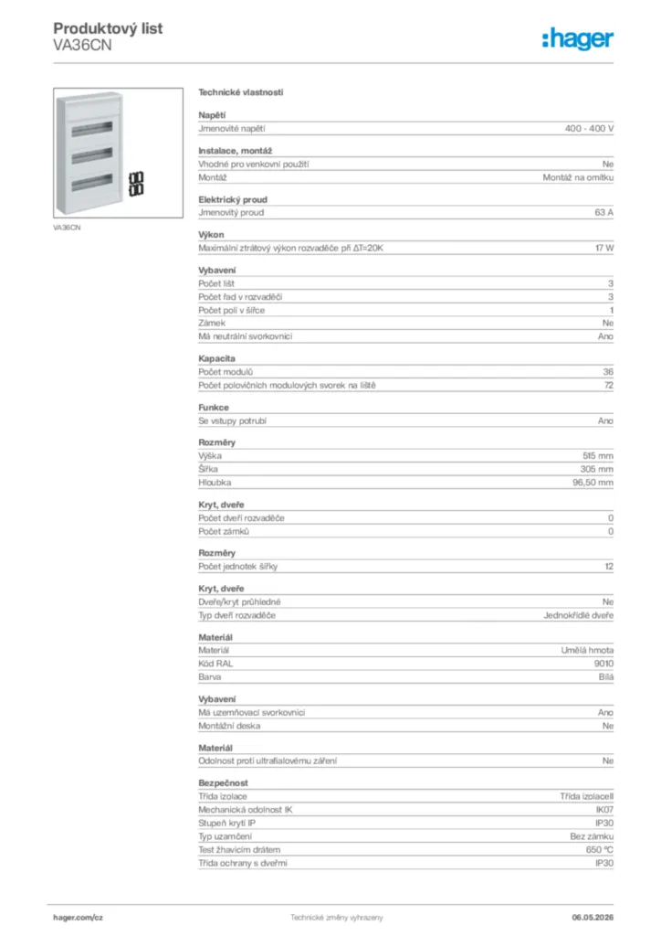 Obrázek Hager Product data sheet VA36CN | Hager