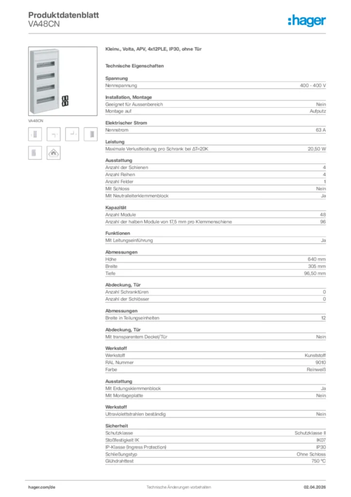 Bild Hager Produktdatenblatt VA48CN | Hager Deutschland