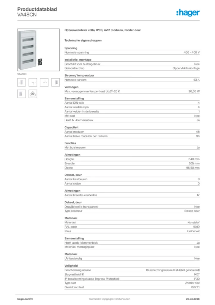 Afbeelding Hager Productdatablad VA48CN | Hager Nederland