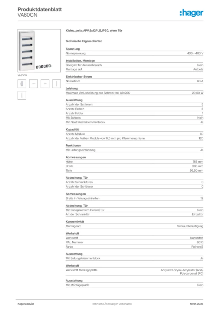 Bild Hager Produktdatenblatt VA60CN | Hager Deutschland