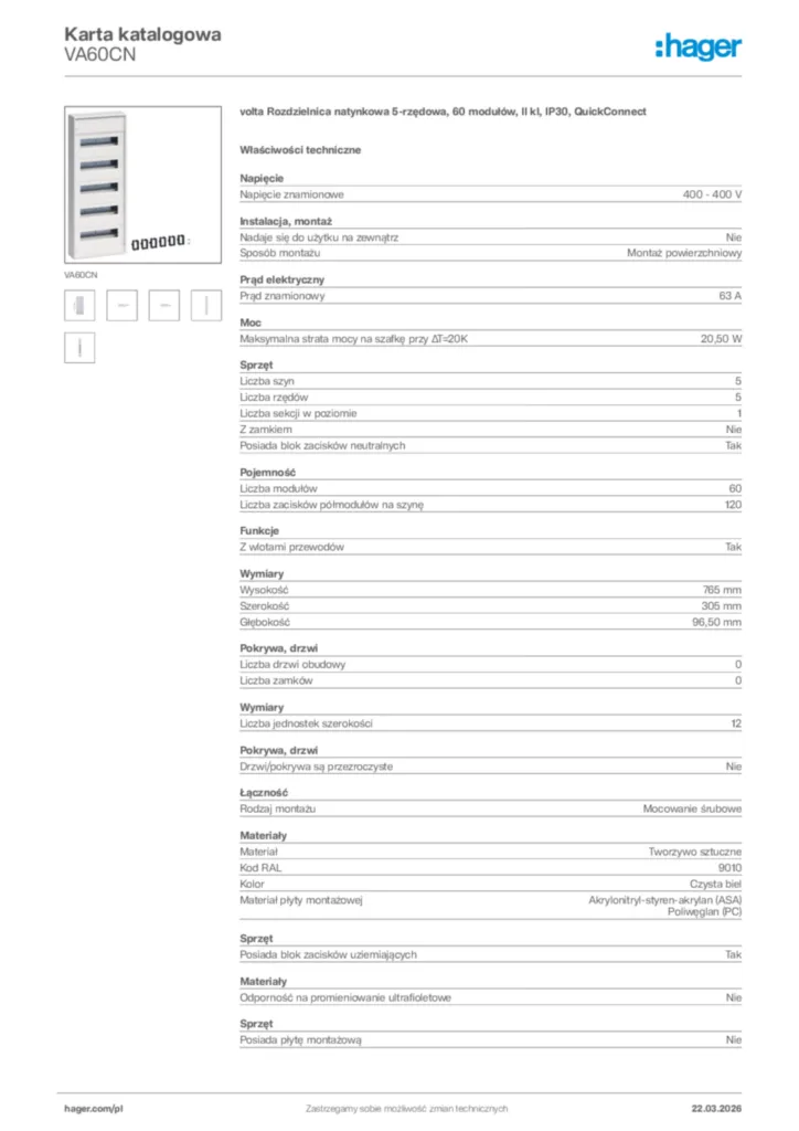 Zdjęcie Hager Karta katalogowa VA60CN | Hager Polska