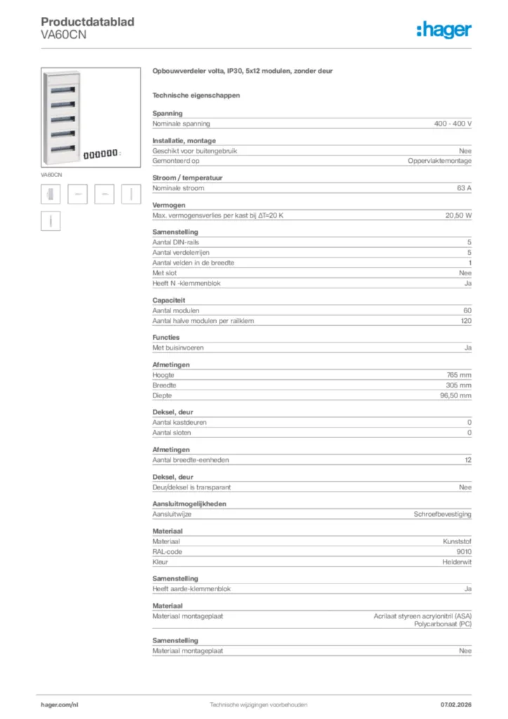 Afbeelding Hager Productdatablad VA60CN | Hager Nederland