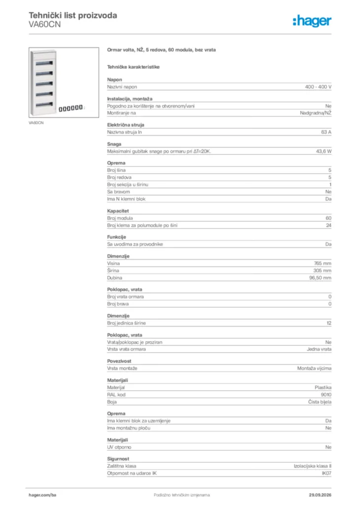 Slika Hager Tehnički list proizvoda VA60CN  | Hager