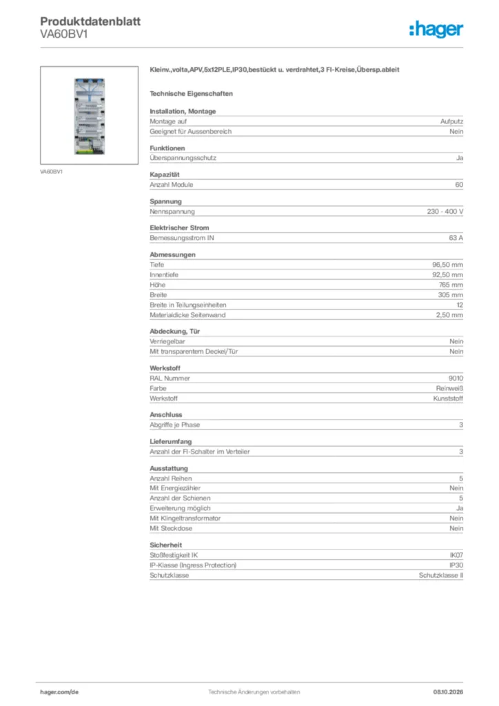 Bild Hager Produktdatenblatt VA60BV1 | Hager Deutschland