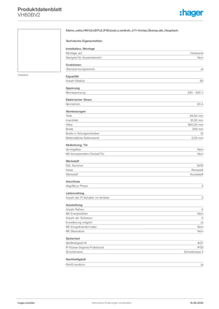 Bild Hager Produktdatenblatt VH60BV2 | Hager Deutschland
