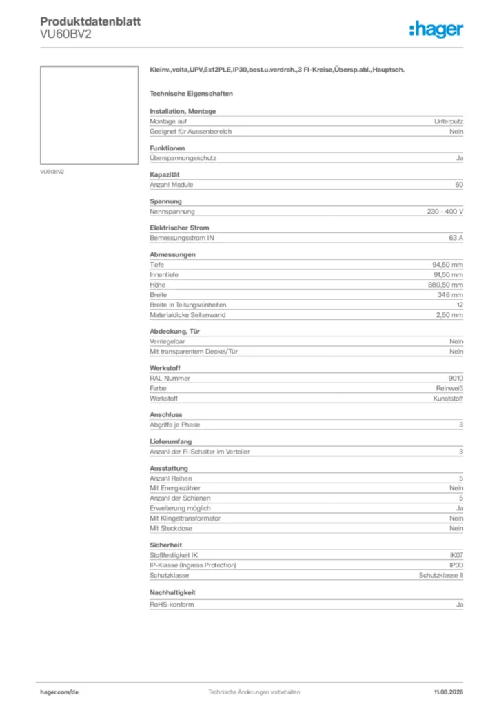 Bild Hager Produktdatenblatt VU60BV2 | Hager Deutschland