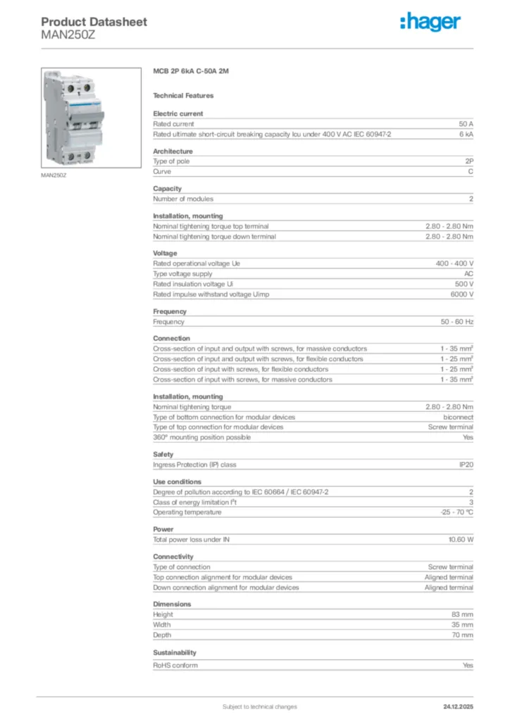 Image Hager Product data sheet MAN250Z  | Hager Africa