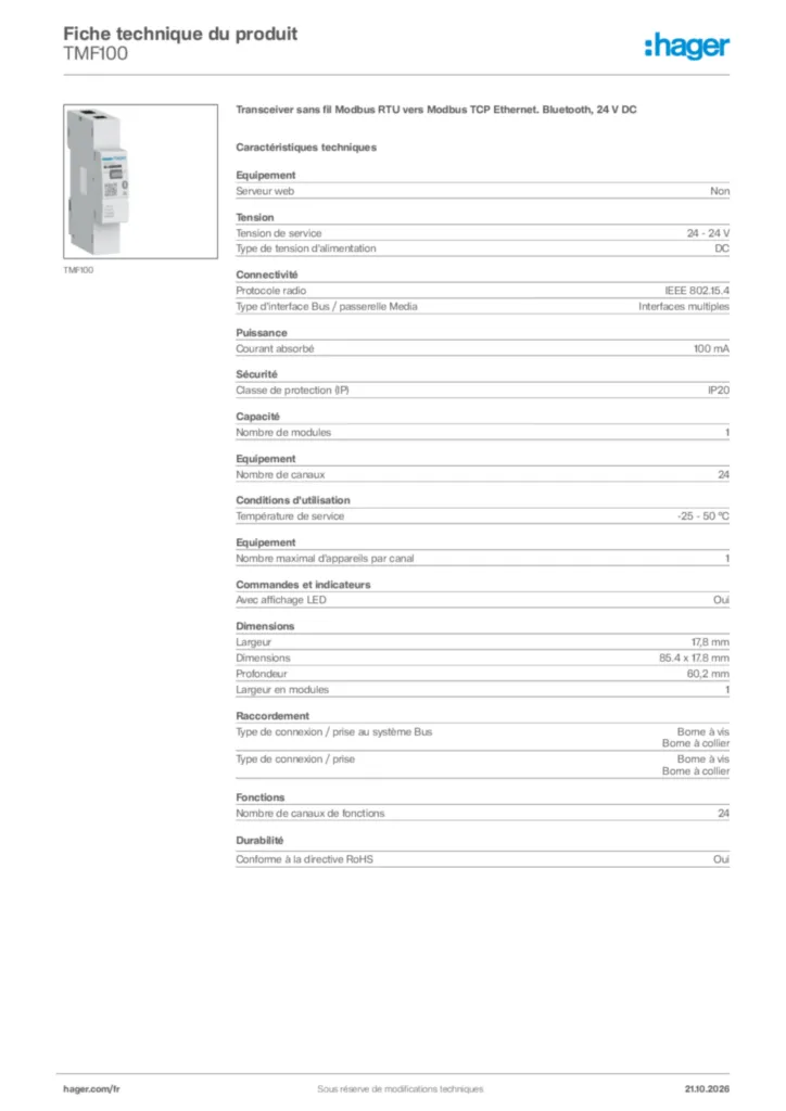 Image Hager Fiche technique du produit TMF100 | Hager France
